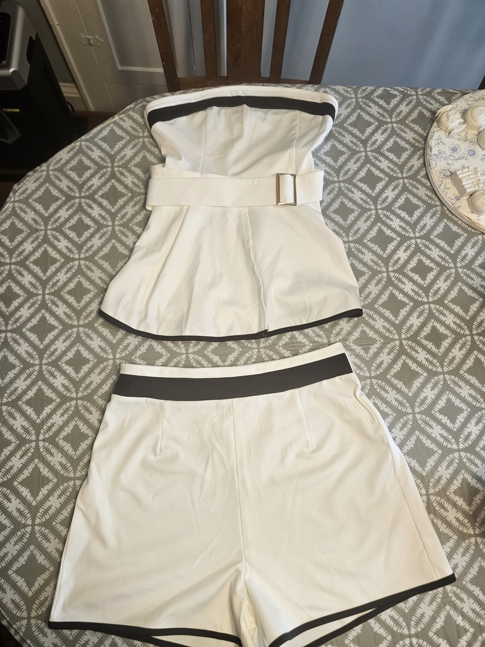 Women’s White Strapless Belted Peplum Top & Shorts Set